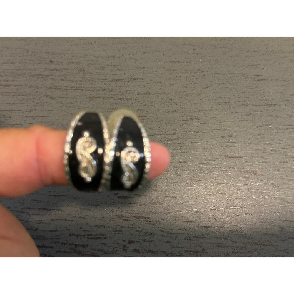 Silver Tone Black Enamel Swirl Hoop Earrings Pierced Post Back Half Hoop